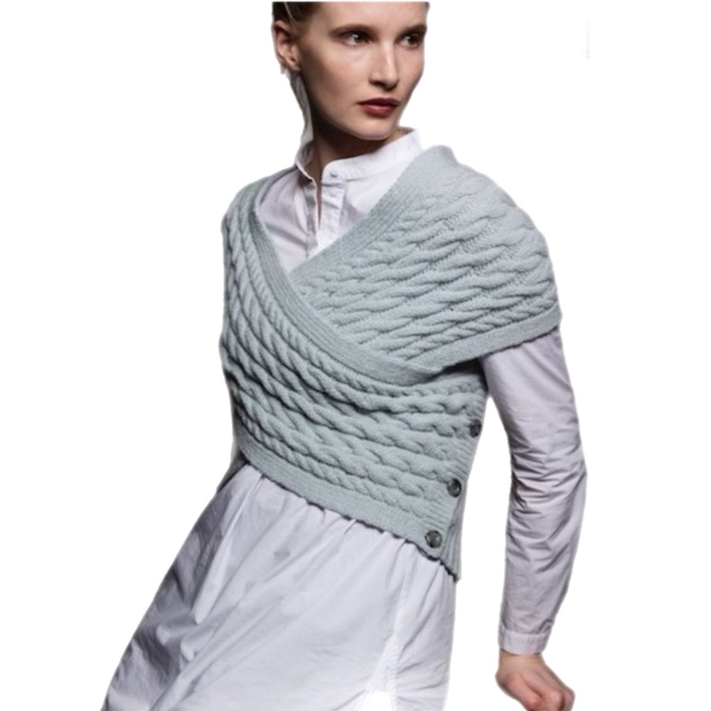 FISHERMAN OUT OF IRELAND Merino Wool Cashmere Crossover Wrap Cable Knit Gray XL.